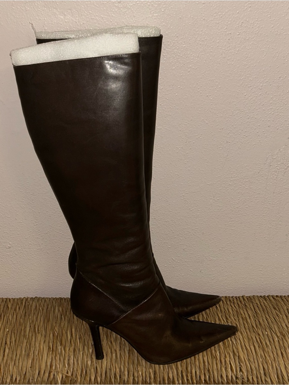 Y2K Brown Leather Knee High Boots Pointed Toe Kitten Heel Nine West 6